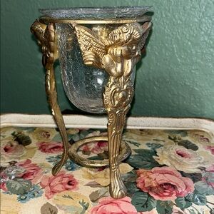 Vintage Brass Pedestal Angel Cherub Votive Candle Holder Stand Crackle Glass